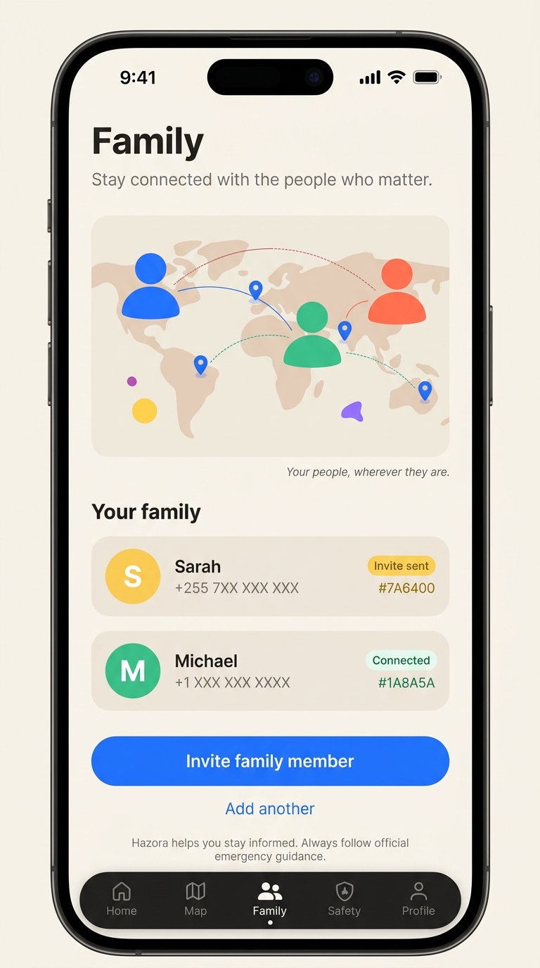Hazora family screen showing saved family members and their locations