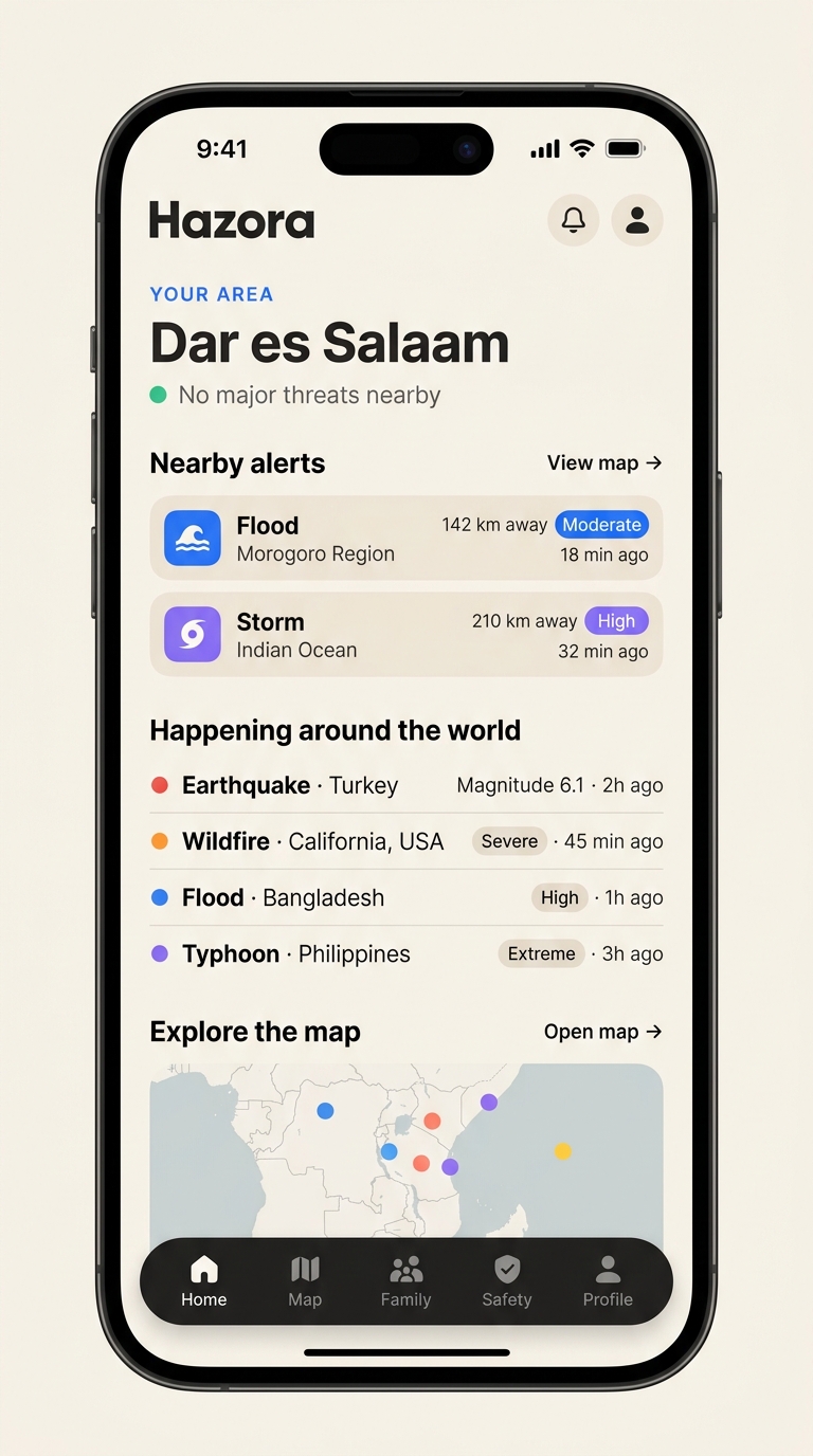 Hazora home screen showing Dar es Salaam, nearby alerts, and disaster activity happening around the world