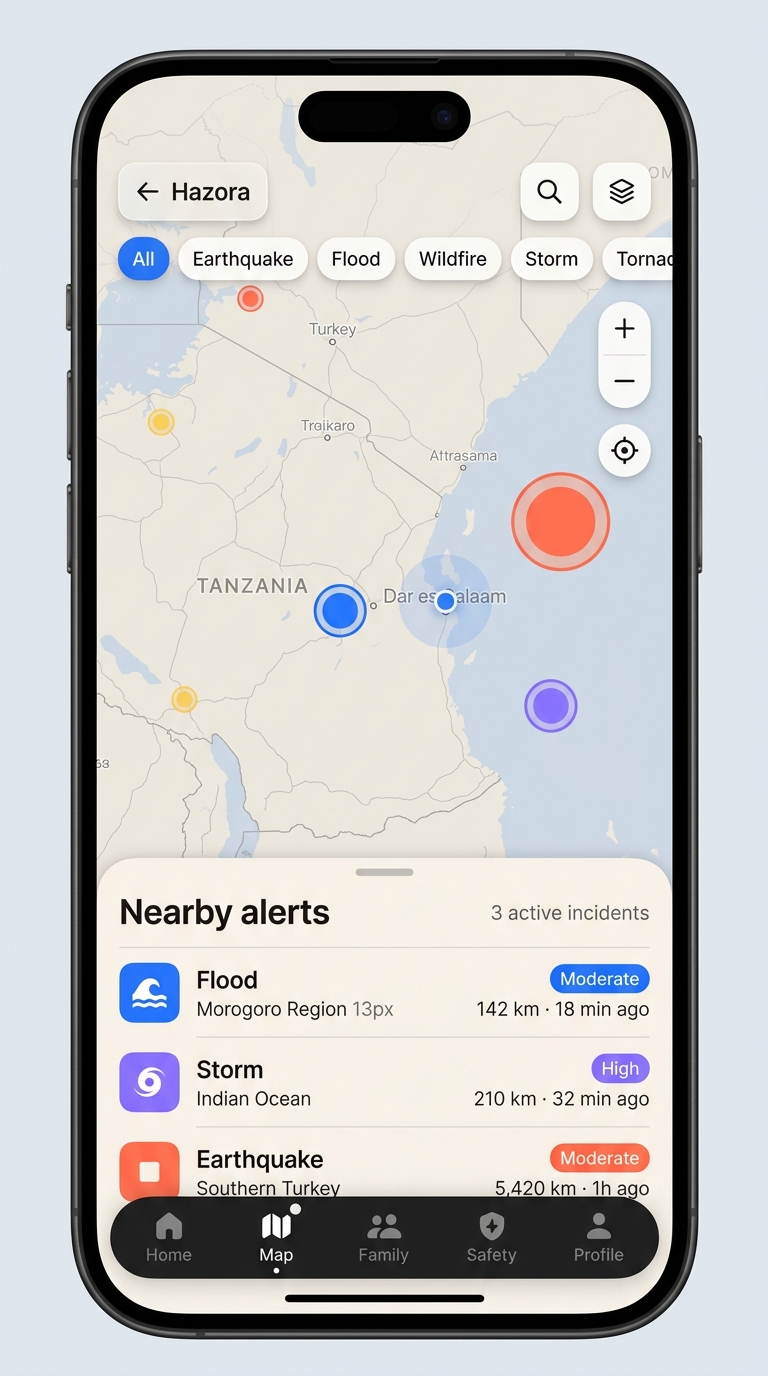 Hazora map screen showing disaster markers near Dar es Salaam with a nearby alerts list