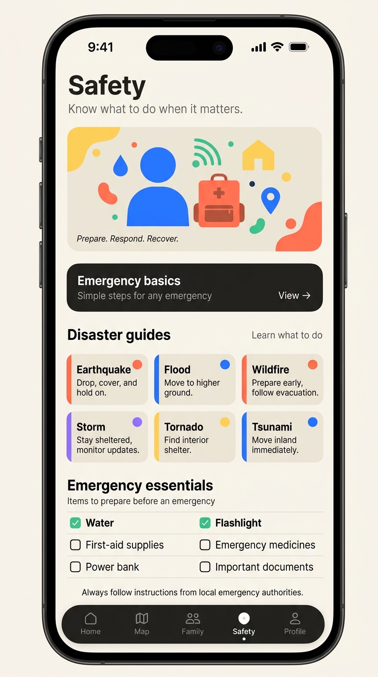 Hazora safety screen with disaster guides and an emergency essentials checklist